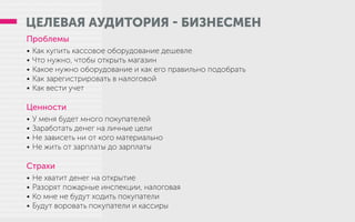 ЦЕЛЕВАЯ АУДИТОРИЯ - БИЗНЕСМЕН
Проблемы
•	Как купить кассовое оборудование дешевле
•	Что нужно, чтобы открыть магазин
•	Какое нужно оборудование и как его правильно подобрать
•	Как зарегистрировать в налоговой
•	Как вести учет
Ценности
•	У меня будет много покупателей
•	Заработать денег на личные цели
•	Не зависеть ни от кого материально
•	Не жить от зарплаты до зарплаты
Страхи
•	Не хватит денег на открытие
•	Разорят пожарные инспекции, налоговая
•	Ко мне не будут ходить покупатели
•	Будут воровать покупатели и кассиры
 