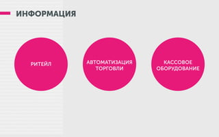 ИНФОРМАЦИЯ
РИТЕЙЛ КАССОВОЕ
ОБОРУДОВАНИЕ
АВТОМАТИЗАЦИЯ
ТОРГОВЛИ
 