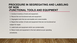PROCEDURE IN SEGREGATING AND LABELING
OF NON
-FUNCTIONAL TOOLS AND EQUIPMENT
1. Conduct inventory of tools and equipment.
2. Record the non-functional tools and equipment.
3. Segregate tools that are serviceable and unserviceable.
4. Report the number of tools and equipment that are non-functional but
subject for repair.
5. Label tools and equipment which are condemnable.
6. Return tools and equipment in the tool cabinet as per operating
procedures.
 