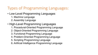 Types of Programming Languages:
• Low-Level Programming Languages
1. Machine Language
2. Assembly Language
• High-Level Programming Languages
1. Procedural-Oriented Programming Language
2. Object-Oriented Programming Language
3. Functional Programming Language
4. Problem-Oriented Programming Language
5. Scripting Programming Language
6. Artificial Intelligence Programming Language
 