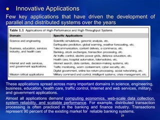 21
 Innovative Applications
Few key applications that have driven the development of
parallel and distributed systems over the years
These applications spread across many important domains in science, engineering,
business, education, health care, traffic control, Internet and web services, military,
and government applications.
Almost all applications demand computing economics, web-scale data collection,
system reliability, and scalable performance. For example, distributed transaction
processing is often practiced in the banking and finance industry. Transactions
represent 90 percent of the existing market for reliable banking systems.
 