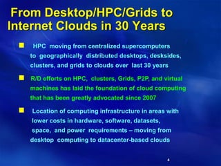 4
From Desktop/HPC/Grids to
Internet Clouds in 30 Years
 HPC moving from centralized supercomputers
to geographically distributed desktops, desksides,
clusters, and grids to clouds over last 30 years
 R/D efforts on HPC, clusters, Grids, P2P, and virtual
machines has laid the foundation of cloud computing
that has been greatly advocated since 2007
 Location of computing infrastructure in areas with
lower costs in hardware, software, datasets,
space, and power requirements – moving from
desktop computing to datacenter-based clouds
 