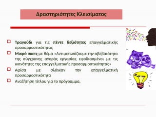  Τραγούδι για τις πέντε δεξιότητες επαγγελματικής
προσαρμοστικότητας
 Μικρό σκετς με θέμα «Αντιμετωπίζουμε την αβεβαιότητα
της σύγχρονης αγοράς εργασίας εφοδιασμένοι με τις
ικανότητες της επαγγελματικής προσαρμοστικότητας»
 Αφίσα με σλόγκαν την επαγγελματική
προσαρμοστικότητα
 Αναζήτηση τίτλου για το πρόγραμμα.
Δραστηριότητες Κλεισίματος
 