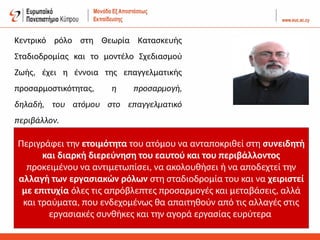 Κεντρικό ρόλο στη Θεωρία Κατασκευής
Σταδιοδρομίας και το μοντέλο Σχεδιασμού
Ζωής, έχει η έννοια της επαγγελματικής
προσαρμοστικότητας, η προσαρμογή,
δηλαδή, του ατόμου στο επαγγελματικό
περιβάλλον.
Περιγράφει την ετοιμότητα του ατόμου να ανταποκριθεί στη συνειδητή
και διαρκή διερεύνηση του εαυτού και του περιβάλλοντος
προκειμένου να αντιμετωπίσει, να ακολουθήσει ή να αποδεχτεί την
αλλαγή των εργασιακών ρόλων στη σταδιοδρομία του και να χειριστεί
με επιτυχία όλες τις απρόβλεπτες προσαρμογές και μεταβάσεις, αλλά
και τραύματα, που ενδεχομένως θα απαιτηθούν από τις αλλαγές στις
εργασιακές συνθήκες και την αγορά εργασίας ευρύτερα
 