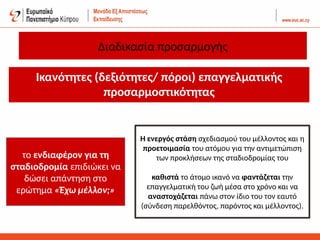 Διαδικασία προσαρμογής
Ικανότητες (δεξιότητες/ πόροι) επαγγελματικής
προσαρμοστικότητας
το ενδιαφέρον για τη
σταδιοδρομία επιδιώκει να
δώσει απάντηση στο
ερώτημα «Έχω μέλλον;»
την εν
H ενεργός στάση σχεδιασμού του μέλλοντος και η
προετοιμασία του ατόμου για την αντιμετώπιση
των προκλήσεων της σταδιοδρομίας του
καθιστά το άτομο ικανό να φαντάζεται την
επαγγελματική του ζωή μέσα στο χρόνο και να
αναστοχάζεται πάνω στον ίδιο του τον εαυτό
(σύνδεση παρελθόντος, παρόντος και μέλλοντος).
 