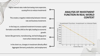 ANALYSIS OF INVESTMENT
FUNCTION IN REAL-WORLD
CONTEXT
Higherinterestratesmakeborrowingmoreexpensive,
causingfirmstoreduceinvestmentt
Thiscreatesanegativerelationshipbetweeninterest
rateandbusinessinvestment.
Inthelongrun,sustainedinvestmentincreasescapital
formationandshiftsLRAStotheright,leadingtoeconomic
growth.
Intheshortrun,changesininvestmentdirectlyaffect
AggregateDemand,production,andemployment.
Sectorslikegarments,manufacturing,andtechnologygrow
morewheninterestratesarelow.
 