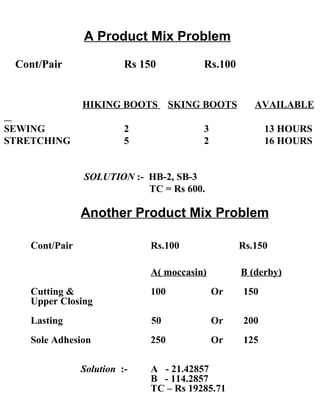 A Product Mix Problem   Cont/Pair Rs 150 Rs.100   HIKING BOOTS  SKING BOOTS   AVAILABLE  SEWING  2 3   13 HOURS STRETCHING 5 2   16 HOURS SOLUTION   :-  HB-2, SB-3   TC = Rs 600.   Another Product Mix Problem Cont/Pair Rs.100   Rs.150 A( moccasin)   B (derby) Cutting & 100    Or   150 Upper Closing Lasting   50   Or   200 Sole Adhesion 250   Or   125   Solution   :- A  - 21.42857   B  - 114.2857 TC – Rs 19285.71 