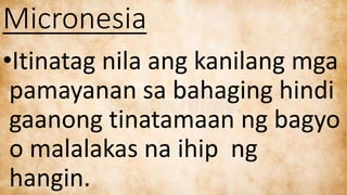 Micronesia
•Itinatag nila ang kanilang mga
pamayanan sa bahaging hindi
gaanong tinatamaan ng bagyo
o malalakas na ihip ng
...