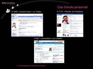 Cas d’école personnel 1699 « contacts direct » sur Viadeo 1114  « friends» sur Facebook 567 « connections » sur LinkedIn 