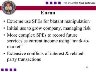 30EnronExtreme use SPEs for blatant manipulationInitial use to grow company, managing riskMore complex SPEs to record future services as current income using “mark-to-market”Extensive conflicts of interest & related-party transactions