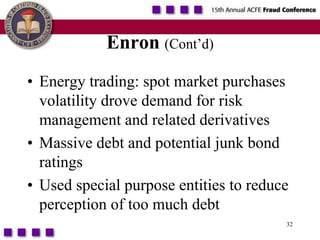 32Enron (Cont’d)Energy trading: spot market purchases volatility drove demand for risk management and related derivativesMassive debt and potential junk bond ratingsUsed special purpose entities to reduce perception of too much debt