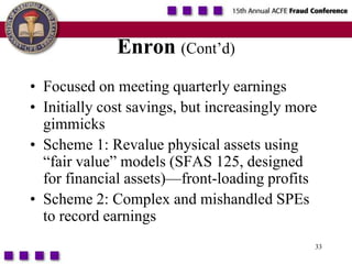33Enron (Cont’d)Focused on meeting quarterly earningsInitially cost savings, but increasingly more gimmicksScheme 1: Revalue physical assets using “fair value” models (SFAS 125, designed for financial assets)—front-loading profitsScheme 2: Complex and mishandled	SPEs to record earnings