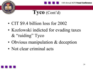 39Tyco(Cont’d)CIT $9.4 billion loss for 2002Kozlowski indicted for evading taxes & “raiding” TycoObvious manipulation & deception Not clear criminal acts