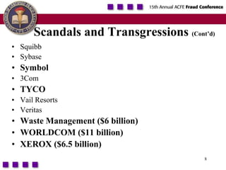 8Scandals and Transgressions (Cont’d)SquibbSybaseSymbol3ComTYCOVail ResortsVeritasWaste Management ($6 billion)WORLDCOM ($11 billion)XEROX ($6.5 billion)