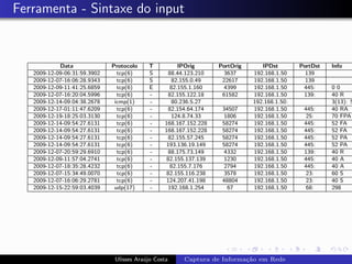 Ferramenta - Sintaxe do input


            Data              Protocolo    T           IPOrig      PortOrig      IPDst        PortDst   Info
   2009-12-09-06:31:59.3902     tcp(6)     S       88.44.123.210     3637     192.168.1.50      139
   2009-12-07-16:06:28.9343     tcp(6)     S         82.155.0.49    22617     192.168.1.50      139
   2009-12-09-11:41:25.6859     tcp(6)     E        82.155.1.160     4399     192.168.1.50     445:     00
   2009-12-07-16:20:04.5996     tcp(6)     -       82.155.122.18    61582     192.168.1.50     139:     40 R
   2009-12-14-09:04:38.2678    icmp(1)     -         80.236.5.27              192.168.1.50:             3(13): 5
   2009-12-17-01:11:47.6209     tcp(6)     -       82.154.64.174    34507     192.168.1.50     445:     40 RA
   2009-12-19-18:25:03.3130     tcp(6)     -         124.8.74.33     1806     192.168.1.50      25:     70 FPA
   2009-12-14-09:54:27.6131     tcp(6)     -     168.167.152.228    58274     192.168.1.50     445:     52 FA
   2009-12-14-09:54:27.6131     tcp(6)     -     168.167.152.228    58274     192.168.1.50     445:     52 FA
   2009-12-14-09:54:27.6131     tcp(6)     -       82.155.57.245    58274     192.168.1.50     445:     52 PA
   2009-12-14-09:54:27.6131     tcp(6)     -      193.136.19.149    58274     192.168.1.50     445:     52 PA
   2009-12-07-20:59:29.6910     tcp(6)     -       88.175.73.149     4332     192.168.1.50     139:     40 R
   2009-12-09-11:57:04.2741     tcp(6)     -      82.155.137.139     1230     192.168.1.50     445:     40 A
   2009-12-07-18:35:28.4232     tcp(6)     -        82.155.7.176     2794     192.168.1.50     445:     40 A
   2009-12-07-15:34:49.0070     tcp(6)     -      82.155.116.238     3578     192.168.1.50      23:     60 S
   2009-12-07-16:06:29.2781     tcp(6)     -      124.207.41.198    48804     192.168.1.50      23:     40 S
   2009-12-15-22:59:03.4039    udp(17)     -       192.168.1.254      67      192.168.1.50      68:     298




                               Ulisses Ara´jo Costa
                                          u            Captura de Informa¸˜o em Rede
                                                                         ca
 