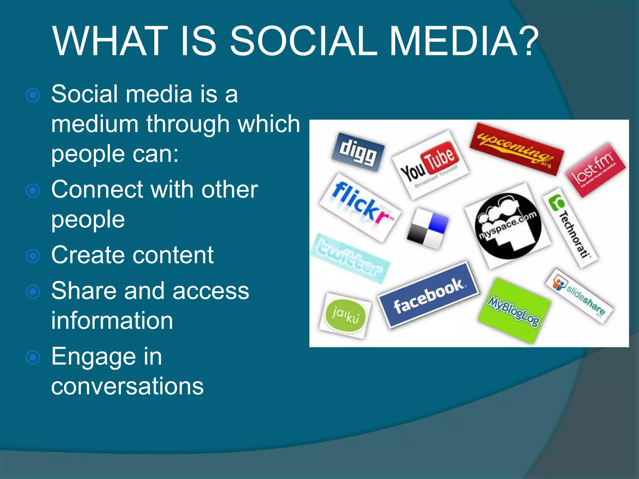 WHAT IS SOCIAL MEDIA?Social media is a medium through which people can:Connect with other peopleCreate contentShare and access informationEngage in conversations 