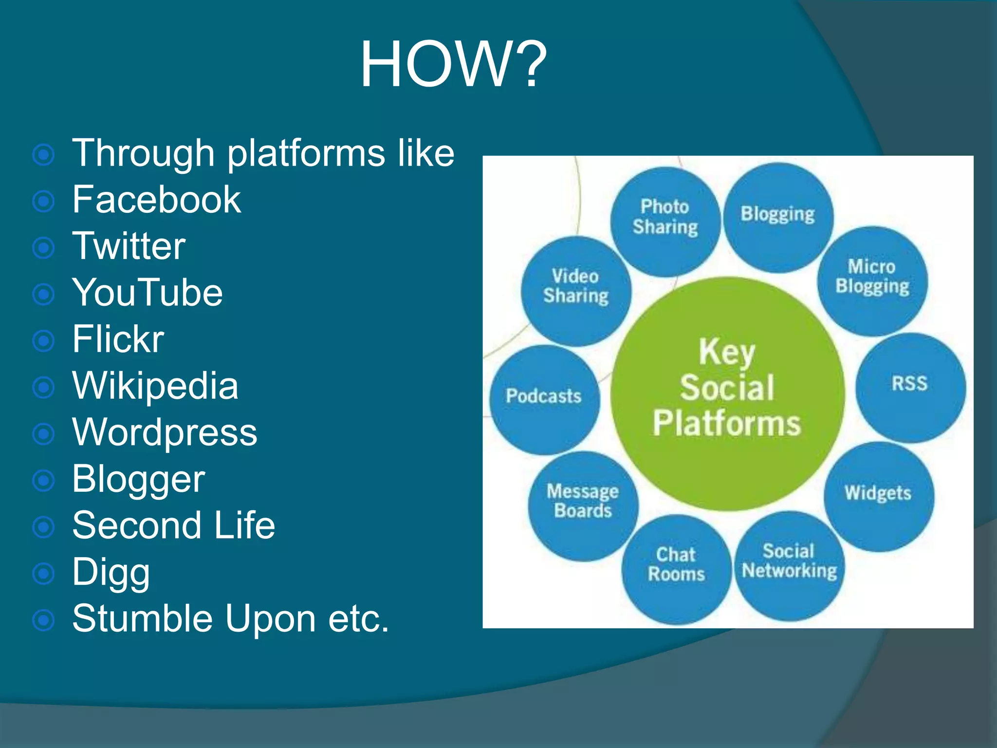 HOW?Through platforms likeFacebookTwitterYouTubeFlickrWikipediaWordpressBloggerSecond LifeDiggStumble Upon etc. 