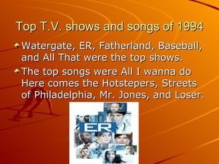 Top T.V. shows and songs of 1994 Watergate, ER, Fatherland, Baseball, and All That were the top shows. The top songs were All I wanna do Here comes the Hotstepers, Streets of Philadelphia, Mr. Jones, and Loser.  