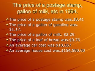 The price of a postage stamp, gallon of milk, etc in 1994. The price of a postage stamp was.$0.41 The price of a gallon of gasoline was.$1.17. The price of a gallon of milk. $2.29 The price of a loaf of bread was.$0.76 An average car cost was.$18,657 An average house cost was.$154,500.00 