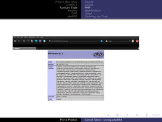 Project Over View    Apache
        CentOS 5     mySQL
   Auxiliary Tools   PHP
          Security   phpMyAdmin
             DNS     vsftpd
          phpBB3     Updating the Tools




   Pierce Preston    CentoS Server running phpBB3
 