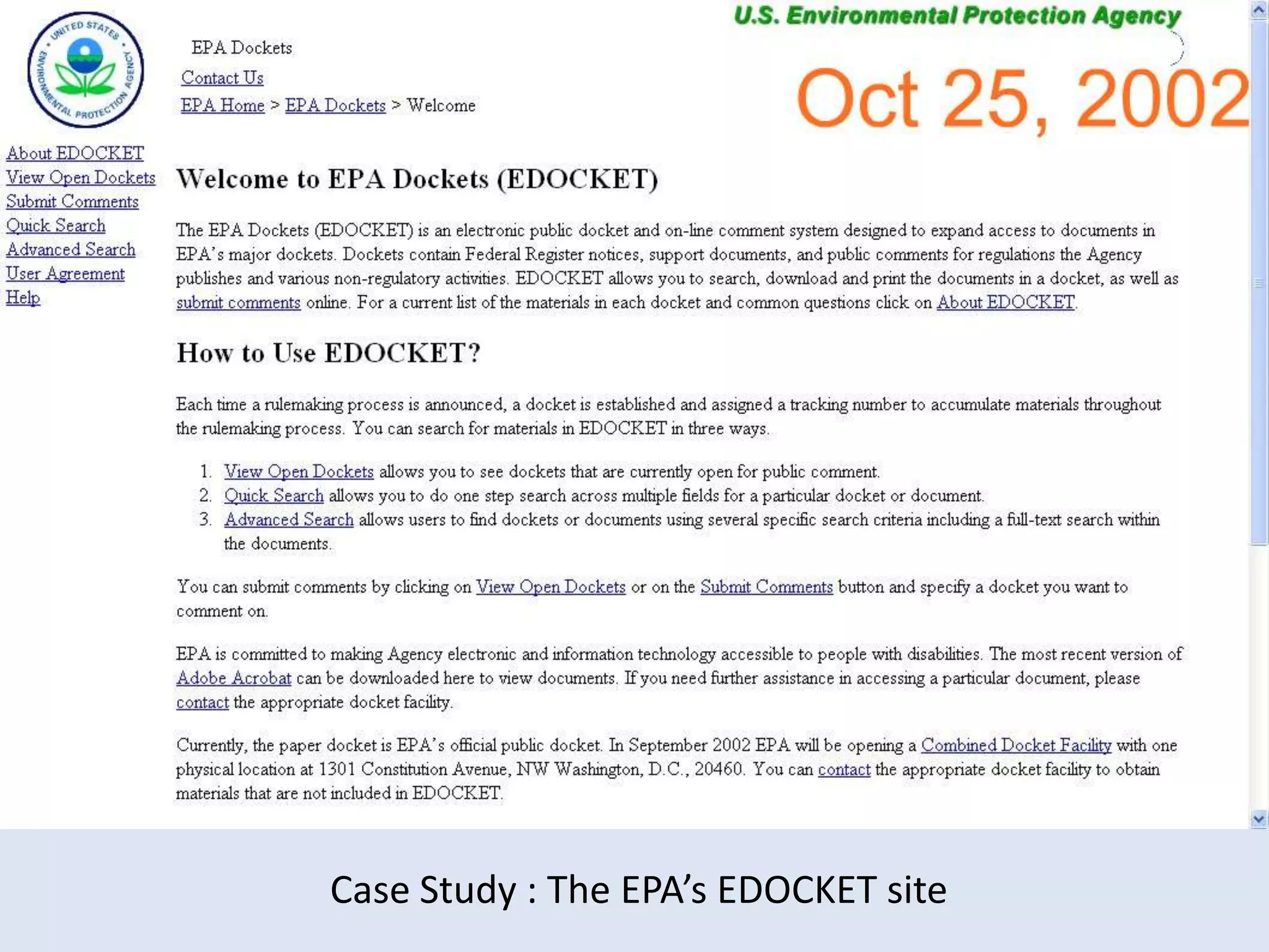 Case Study : The EPA’s EDOCKET site