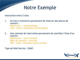 Notre Exemple
Interaction entre 2 sites

1.   Un site e-commerce permettant de réserver des places de
     concert :
     Répertoire : /tp3/boutique
     Lien : http://localhost/tp3/boutique

2.   Une centrale de réservation permettant de contrôler l’état d’un
     concert
     Répertoire : /tp3/centrale
     Base de données : centrale
     URL : http://localhost/tp3/centrale

Type de Web Service : SOAP.
 