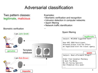 Adversarial classification
Two pattern classes:                        Examples:
                                         ...