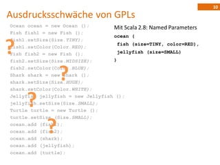10
Ausdrucksschwäche von GPLs
Ocean ocean = new Ocean ();        Mit Scala 2.8: Named Parameters
Fish fish1 = new Fish ();
                                   ocean (
fish1.setSize(Size.TINY);

?
fish1.setColor(Color.RED);
Fish fish2 = new Fish ();
fish2.setSize(Size.MIDSIZE);       )
                                    fish (size=TINY, color=RED),
                                    jellyfish (size=SMALL)




                ?
fish2.setColor(Color.BLUE);
Shark shark = new Shark ();
shark.setSize(Size.HUGE);
shark.setColor(Color.WHITE);


     ?
Jellyfish jellyfish = new Jellyfish ();
jellyfish.setSize(Size.SMALL);
Turtle turtle = new Turtle ();
turtle.setSize (Size.SMALL);

            ?
ocean.add (fish1);
ocean.add (fish2);
ocean.add (shark);
ocean.add (jellyfish);
ocean.add (turtle);
 