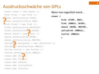 9
Ausdrucksschwäche von GPLs
Ocean ocean = new Ocean ();        Wenn man eigentlich meint…
Fish fish1 = new Fish ();
                                   ocean (
fish1.setSize(Size.TINY);

?
fish1.setColor(Color.RED);
Fish fish2 = new Fish ();
fish2.setSize(Size.MIDSIZE);
                                           fish (TINY, RED),
                                           fish (SMALL, BLUE),
                                           shark (HUGE, WHITE),


                ?
fish2.setColor(Color.BLUE);                jellyfish (SMALL),
Shark shark = new Shark ();                turtle (SMALL)
shark.setSize(Size.HUGE);                  )
shark.setColor(Color.WHITE);


     ?
Jellyfish jellyfish = new Jellyfish ();
jellyfish.setSize(Size.SMALL);
Turtle turtle = new Turtle ();
turtle.setSize (Size.SMALL);

            ?
ocean.add (fish1);
ocean.add (fish2);
ocean.add (shark);
ocean.add (jellyfish);
ocean.add (turtle);
 