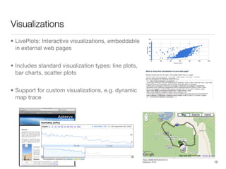 Visualizations
• LivePlots: Interactive visualizations, embeddable
  in external web pages


• Includes standard visualization types: line plots,
  bar charts, scatter plots


• Support for custom visualizations, e.g. dynamic
  map trace




                                                       12
 