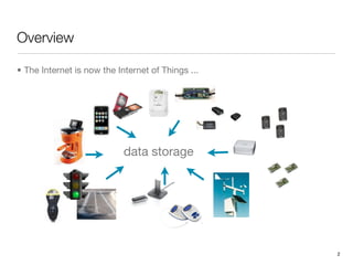 Overview

• The Internet is now the Internet of Things ...




                            data storage




                                                   2
 