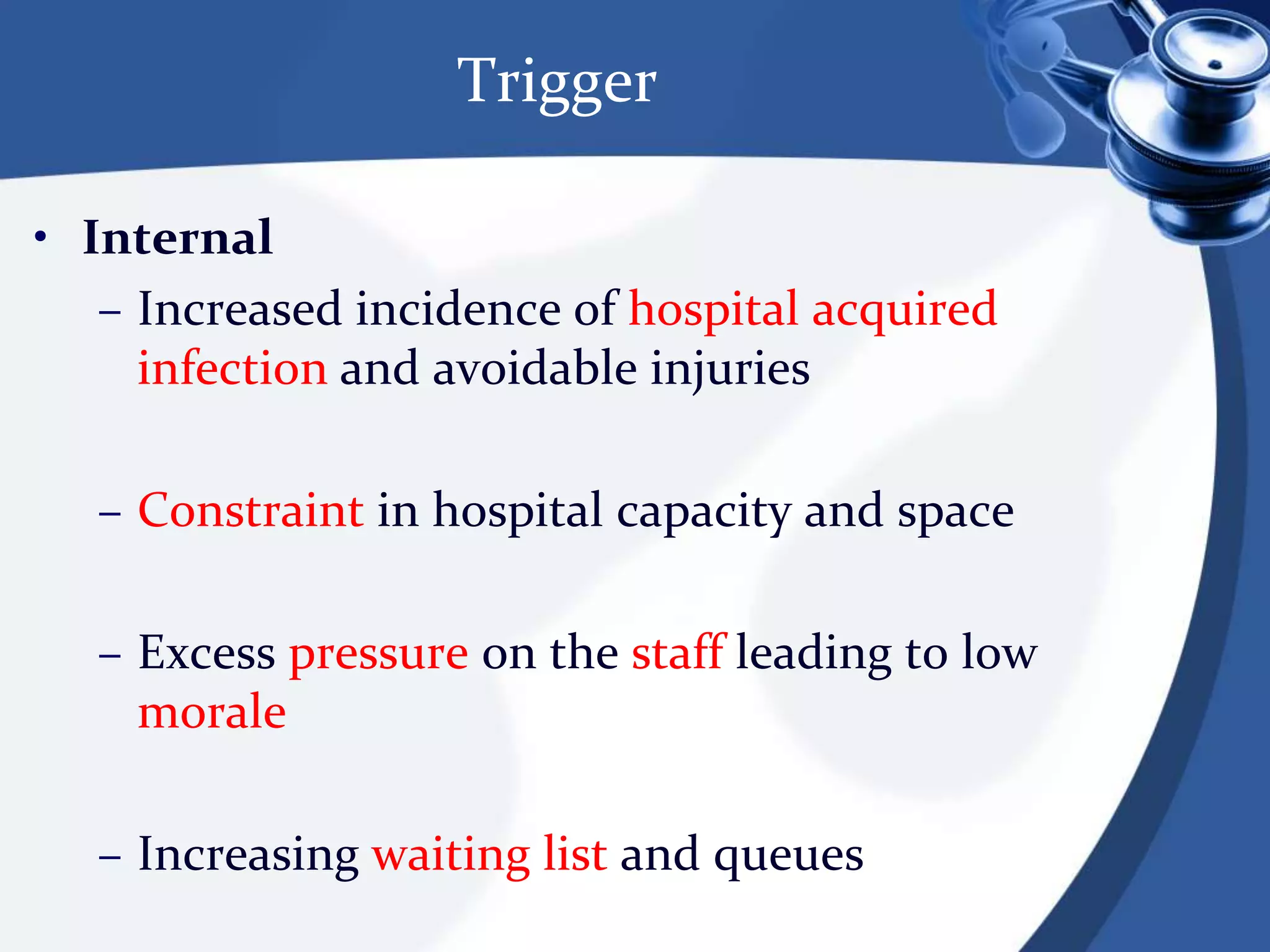 TriggerInternal Increased incidence of hospital acquired infection and avoidable injuriesConstraint in hospital capacity and spaceExcess pressure on the staff leading to low moraleIncreasing waiting list and queues