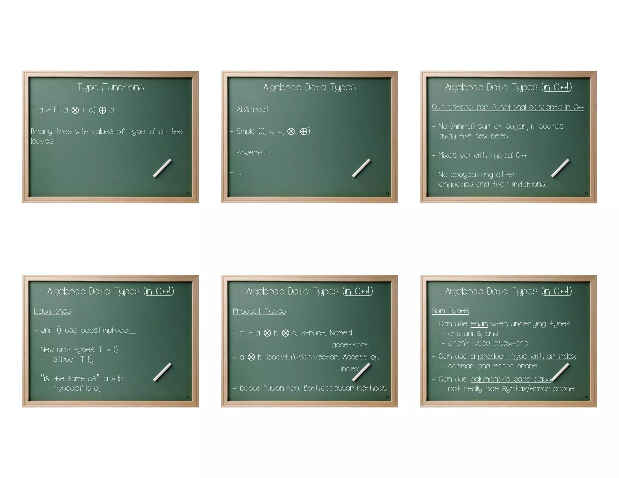 Type Functions                                  Algebraic Data Types                        Algebraic Data Types (in C++!)
T a : = (T a   ⊗   T a)   ⊕   a                   - Abstract                                           Our critera for functional concepts in C++
                                                                                                       - No (minimal) syntax sugar, it scares
Binary tree with values of type 'a' at the        - Simple ((), :=, : =,   ,
                                                                           ⊕⊗  )                         away the new bees.
leaves.
                                                  - Powerful                                           - Mixes well with typical C++.
                                                  - ...                                                - No copycatting other
                                                                                                         languages and their limitations..
                                             13                                                   14                                                15




     Algebraic Data Types (in C++!)                       Algebraic Data Types (in C++!)                   Algebraic Data Types (in C++!)
 Easy ones                                         Product Types                                       Sum Types
                                                                                                       - Can use enum when underlying types
 - Unit (): use boost::mpl: void_                  - z := a    ⊗ ⊗ b    c. struct. Named                  - are units, and
                                                                                   accessors              - aren't used elsewhere.
 - New unit types: T : = ()
      struct T {};                                 -a     ⊗   b. boost.fusion.vector. Access by        - Can use a product type with an index.
                                                                                      index               - common and error prone
 - “is the same as”: a := b                                                                            - Can use polymorphic base class.
       typedef b a;                                - boost.fusion.map. Both accessor methods.             - not really nice syntax/error prone
                                             16                                                   17                                                18
 