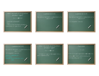 What the heck is a recursive                       Laziness (in C++!)                            Laziness (in C++!)
          product type?
                                             How can we represent a computation of a      How can we represent a computation of a
             S a := a   ⊗   (S a)                          value in C++?                                value in C++?
 - Seems like nonsense!?                                                                  - A 0 argument function.
 - Nope
 - Think of the recursion as being a
computation of type (S a)
 - ...
                                        25                                           26                                               27




           Laziness (in C++!)                   What the heck is a recursive                             Functions
                                                      product type?
  How can we represent a computation of a                                                                 f:A   →    B
                 value in C++?                           S a := a   ⊗   (S a)
- A 0 argument function.                                                                  A set S of pairs (a,b) where a A b B. For
                                                                                                                         ∈ ∈
                                              - Streams of type a. See paper for a
template< typename a>                        direct implementation.                       every a A, there exists exactly one
                                                                                                 ∈
struct lazy
{ typedef boost::function< a () >                                                         corresponding pair in S.
           type;
};
                                        28                                           29                                               30
 