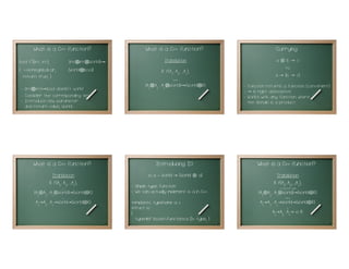 What is a C++ function?                      What is a C++ function?                              Currying
bool f3(int, int);          (int int World)
                               ⊗ ⊗            →              Translation                                a⊗b→c
{ ++someglobalvar;          (World bool)
                                ⊗                                                                           to
                                                                                                        a → (b → c)
                                                              R f(A1, A2,...,An);
  return true; }                                                    ^^^
                                                   (A1
                                                     ⊗   A2...An World) (World R)
                                                             ⊗       →       ⊗           - function returns a function (convenient)
- (int int) bool doesn't work!
     → ⊗                                                                                 - → is right associative
- Consider the corresponding set.                                                        - Works with any function where
- Introduce new parameter                                                                  the domain is a product.
  and return value, World...                  37                                    38                                            39




      What is a C++ function?
               Translation
              R f(A1, A2,...,An);
       (A1⊗A2...An⊗World)→(World⊗R)
                      ^^^




        A1→A2...An→World→(World⊗R)
                      ^^^




                                              40
 