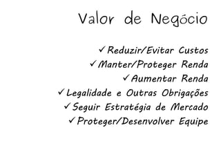 Valor de Negócio

        Reduzir/Evitar Custos
      Manter/Proteger Renda
             Aumentar Renda
Legalidade e Outras Obrigações
 Seguir Estratégia de Mercado
  Proteger/Desenvolver Equipe
 