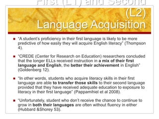 First (L1) and Second (L2)Language Acquisition“A student’s proficiency in their first language is likely to be more predictive of how easily they will acquire English literacy” (Thompson 4).“CREDE (Center for Research on Education) researchers concluded that the longer ELLs received instruction in a mix of their first language and English, the better their achievement in English” (Goldenberg 12).“In other words, students who acquire literacy skills in their first language are able to transfer those skills to their second language provided that they have received adequate education to exposure to literacy in their first language” (Pappamihiel et al 2008).“Unfortunately, student who don’t receive the chance to continue to grow in both their languages are often without fluency in either (Hubbard & Shorey 53).