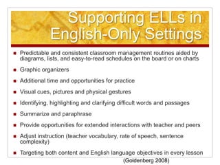 Supporting ELLs in English-Only SettingsPredictable and consistent classroom management routines aided by diagrams, lists, and easy-to-read schedules on the board or on chartsGraphic organizersAdditional time and opportunities for practiceVisual cues, pictures and physical gestures Identifying, highlighting and clarifying difficult words and passagesSummarize and paraphraseProvide opportunities for extended interactions with teacher and peersAdjust instruction (teacher vocabulary, rate of speech, sentence complexity)Targeting both content and English language objectives in every lesson(Goldenberg 2008)