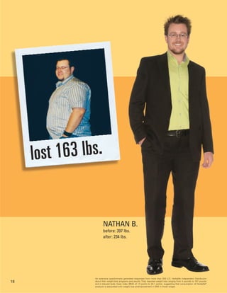 l ost 163 lbs.


                        NATHAN B.
                        before: 397 lbs.
                        after: 234 lbs.




                 An extensive questionnaire generated responses from more than 200 U.S. Herbalife Independent Distributors
18               about their weight-loss programs and results. They reported weight loss ranging from 4 pounds to 167 pounds
                 and a reduced body mass index (BMI) of 1.5 points to 24.1 points, suggesting that consumption of Herbalife®
                 products is associated with weight loss andimprovement in BMI in those ranges.
 