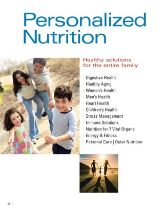 Personalized
     Nutrition
          Healthy solutions
          for the entire family

          l
              Digestive Health
          l
              Healthy Aging
          l
              Women’s Health
          l
              Men’s Health
          l
              Heart Health
          l
              Children’s Health
          l
              Stress Management
          l
              Immune Solutions
          l
              Nutrition for 7 Vital Organs
          l
              Energy & Fitness
          l
              Personal Care | Outer Nutrition




22
 