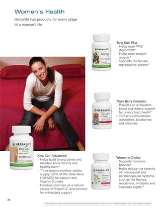 Women’s Health
     Herbalife has products for every stage
     of a woman’s life.



                                                                                                                                Tang Kuei Plus
                                                                                                                                l
                                                                                                                                  Helps ease PMS
                                                                                                                                  discomfort*
                                                                                                                                l
                                                                                                                                  Helps relax smooth
                                                                                                                                  muscle*
                                                                                                                                l
                                                                                                                                  Supports the female
                                                                                                                                  reproductive system*




                                                                                                                                Triple Berry Complex
                                                                                                                                l
                                                                                                                                  Provides an antioxidant
                                                                                                                                  boost and dietary support
                                                                                                                                  for urinary tract health*
                                                                                                                                • Contains concentrated
                                                                                                                                  cranberries, blueberries
                                                                                                                                  and bilberries




                  Xtra-Cal® Advanced
                                                                                                                                Woman's Choice
                  l
                    Helps build strong bones and                                                                                l
                                                                                                                                  Supports hormone
                    maintain bone density and
                                                                                                                                  balance*
                    healthy teeth*                                                                                              l
                                                                                                                                  Helps reduce the severity
                  l
                    Three easy-to-swallow tablets
                                                                                                                                  of menopausal and
                    supply 100% of the Daily Value
                                                                                                                                  perimenopausal systoms,
                    (100%DV) for calcium and
                                                                                                                                  such as hot flashes,
                    Vitamin D intake
                                                                                                                                  moodiness, irritability and
                  l
                    Contains rose hips as a natural
                                                                                                                                  sleepless nights.*
                    source of Vitamin C, and turmeric
                    for antioxidant support

26
                       *These statements have not been evaluated by the Food and Drug Administration. This product is not intended to diagnose, treat, cure or prevent any disease.
 
