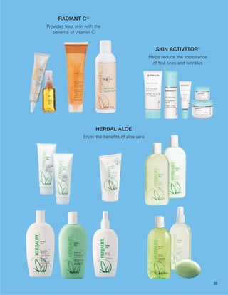 RADIANT C ®
Provides your skin with the
   benefits of Vitamin C


                                                       SKIN ACTIVATOR®
                                                    Helps reduce the appearance
                                                     of fine lines and wrinkles




                        HERBAL ALOE
                  Enjoy the benefits of aloe vera




                                                                                  35
 