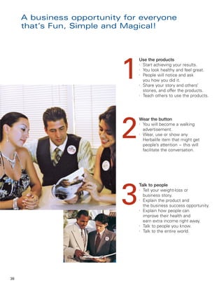 A business opportunity for everyone
     that’s Fun, Simple and Magical!




                           1
                               Use the products
                               l
                                 Start achieving your results.
                               l
                                 You look healthy and feel great.
                               l
                                 People will notice and ask
                                 you how you did it.
                               l
                                 Share your story and others’
                                 stories, and offer the products.
                               l
                                 Teach others to use the products.




                           2
                               Wear the button
                               l
                                 You will become a walking
                                 advertisement.
                               l
                                 Wear, use or show any
                                 Herbalife item that might get
                                 people’s attention – this will
                                 facilitate the conversation.




                           3
                               Talk to people
                               l
                                 Tell your weight-loss or
                                 business story.
                               l
                                 Explain the product and
                                 the business success opportunity.
                               l
                                 Explain how people can
                                 improve their health and
                                 earn extra income right away.
                               l
                                 Talk to people you know.
                               l
                                 Talk to the entire world.




38
 