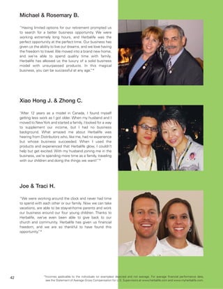 Michael & Rosemary B.

     “Having limited options for our retirement prompted us
     to search for a better business opportunity. We were
     working extremely long hours, and Herbalife was the
     perfect opportunity at the perfect time. Our business has
     given us the ability to live our dreams, and we love having
     the freedom to travel. We moved into a brand new home,
     and we’re able to spend quality time with family.
     Herbalife has allowed us the luxury of a solid business
     model with unsurpassed products. In this magical
     business, you can be successful at any age. * ”




     Xiao Hong J. & Zhong C.

     “After 12 years as a model in Canada, I found myself
     getting less work as I got older. When my husband and I
     moved to New York and started a family, I looked for a way
     to supplement our income, but I had no business
     background. What amazed me about Herbalife was
     hearing from Distributors who, like me, had no experience
     but whose business succeeded. When I used the
     products and experienced that Herbalife glow, I couldn’t
     help but get excited. With my husband joining me in the
     business, we’re spending more time as a family, traveling
     with our children and doing the things we want!”*




     Joe & Traci H.

     “We were working around the clock and never had time
     to spend with each other or our family. Now we can take
     vacations, are able to be stay-at-home parents and work
     our business around our four young children. Thanks to
     Herbalife, we’ve even been able to give back to our
     church and community. Herbalife has given us financial
     freedom, and we are so thankful to have found this
     opportunity. *
                 ”




42                  *Incomes applicable to the individuals (or examples) depicted and not average. For average financial performance data,
                     see the Statement of Average Gross Compensation for U.S. Supervisors at www.herbalife.com and www.myherbalife.com.
 