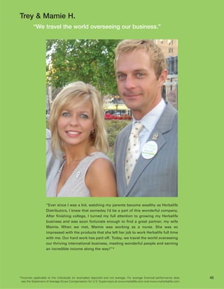 Trey & Mamie H.
          “We travel the world overseeing our business.”




                   “Ever since I was a kid, watching my parents become wealthy as Herbalife
                   Distributors, I knew that someday I’d be a part of this wonderful company.
                   After finishing college, I turned my full attention to growing my Herbalife
                   business and was soon fortunate enough to find a great partner, my wife
                   Mamie. When we met, Mamie was working as a nurse. She was so
                   impressed with the products that she left her job to work Herbalife full time
                   with me. Our hard work has paid off. Today, we travel the world overseeing
                   our thriving international business, meeting wonderful people and earning
                   an incredible income along the way!”*




*Incomes applicable to the individuals (or examples) depicted and not average. For average financial performance data,   45
 see the Statement of Average Gross Compensation for U.S. Supervisors at www.herbalife.com and www.myherbalife.com.
 