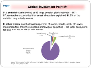 Critical Investment Point #1 Page 1 In a seminal study looking at 82 large pension plans between 1977-87, researchers concluded that asset allocation explained 91.5% of the variation in quarterly returns.   In other words, asset allocation (percent of stocks, bonds, cash, etc.) was more important than the selection of individual securities – the latter accounting for less than 5% of actual plan results.   