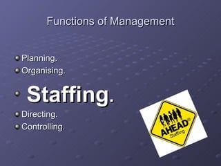 Functions of Management Planning. Organising. Staffing . Directing. Controlling. 