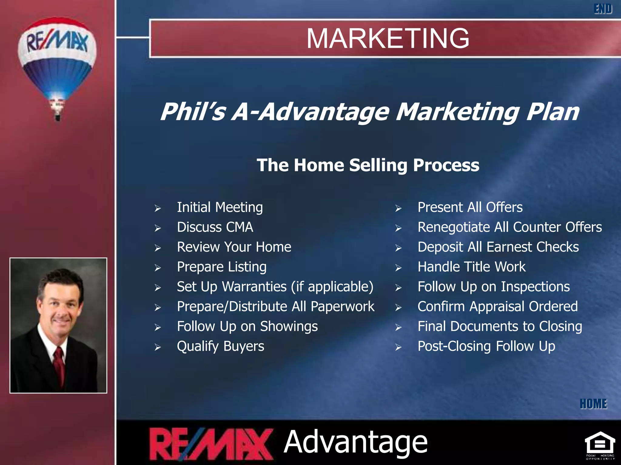 END

                         MARKETING

Phil’s A-Advantage Marketing Plan

                 The Home Selling Process

   Initial Meeting                        Present All Offers
   Discuss CMA                            Renegotiate All Counter Offers
   Review Your Home                       Deposit All Earnest Checks
   Prepare Listing                        Handle Title Work
   Set Up Warranties (if applicable)      Follow Up on Inspections
   Prepare/Distribute All Paperwork       Confirm Appraisal Ordered
   Follow Up on Showings                  Final Documents to Closing
   Qualify Buyers                         Post-Closing Follow Up



                                                                      HOME


                     Advantage
 
