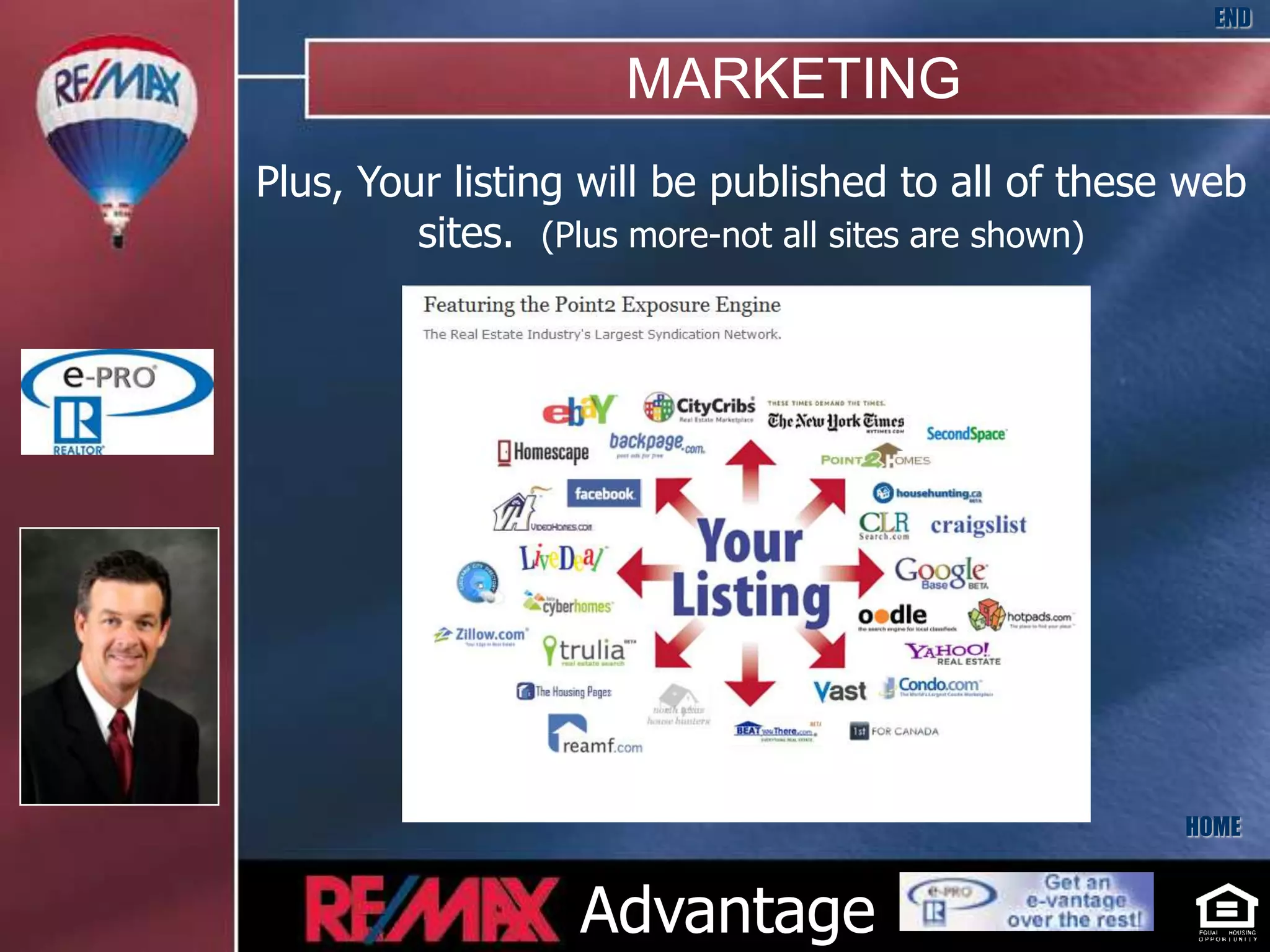 END

                    MARKETING
Plus, Your listing will be published to all of these web
         sites. (Plus more-not all sites are shown)




                                                    HOME


                  Advantage
 