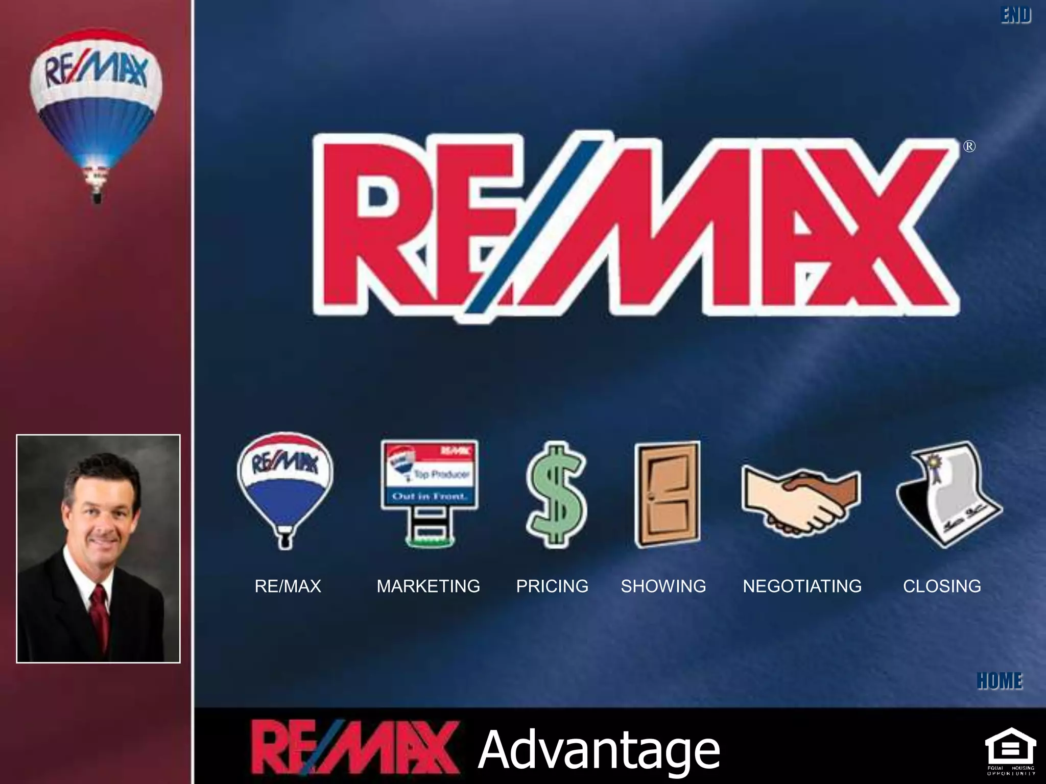END




                                                                      ®




Insert    RE/MAX   MARKETING   PRICING   SHOWING   NEGOTIATING   CLOSING
 Your
Picture
 Here


                                                                          HOME


                           Advantage
 